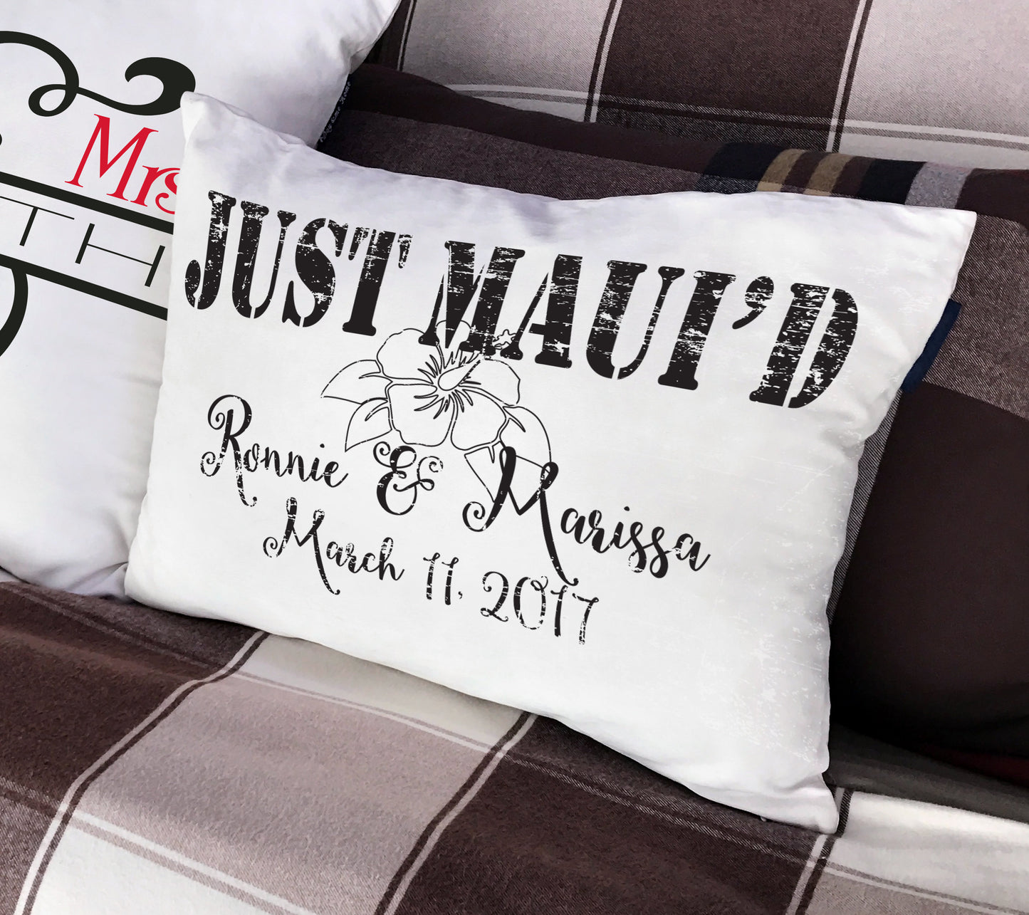 JUST MAUI'D or Happily MAUI'D Personalized pillow wedding gift for a Hawaiian wedding couple. Distressed shabby chic