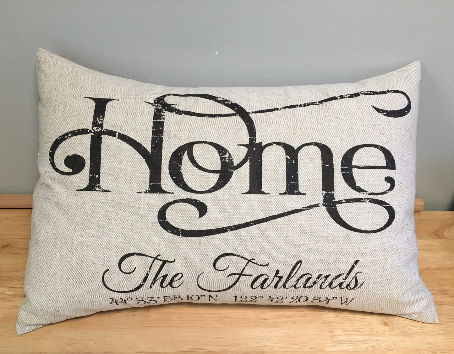 Latitude Longitude Family Name Home pillow, housewarming, hostess gift distressed shabby chic, coordinates pillow, typography pillow