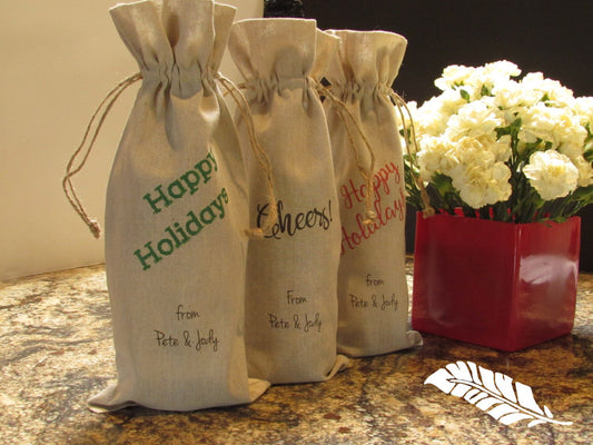 Personalized LINEN WINE BAGS, Set of 6, wine gift bags rustic linen with jute drawstring, printed with your name(s)