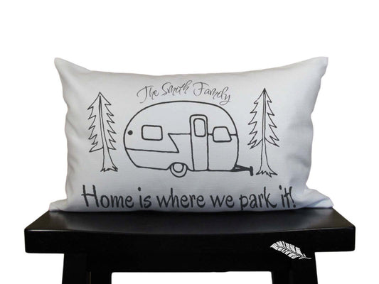 Personalized Home is where we park it camping pillow for rv and travel trailer decor. gift for happy camper motor home traveler rv decor