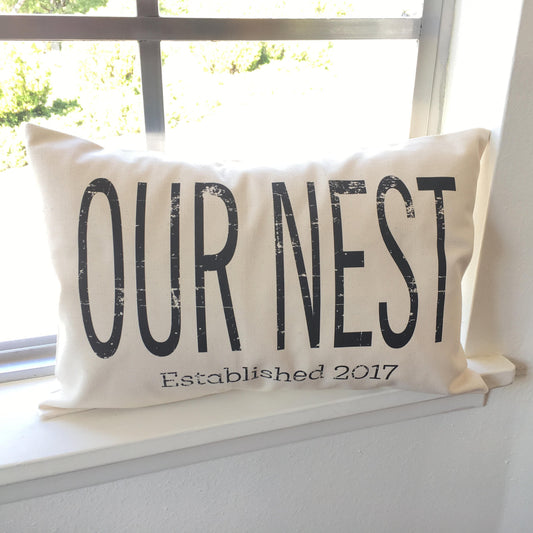 Our Nest Pillow | Personalized Pillow | Rustic Decor | Lumbar Pillow | Rustic Decor Ideas | Handmade Pillow | Linen Pillow | new house gift