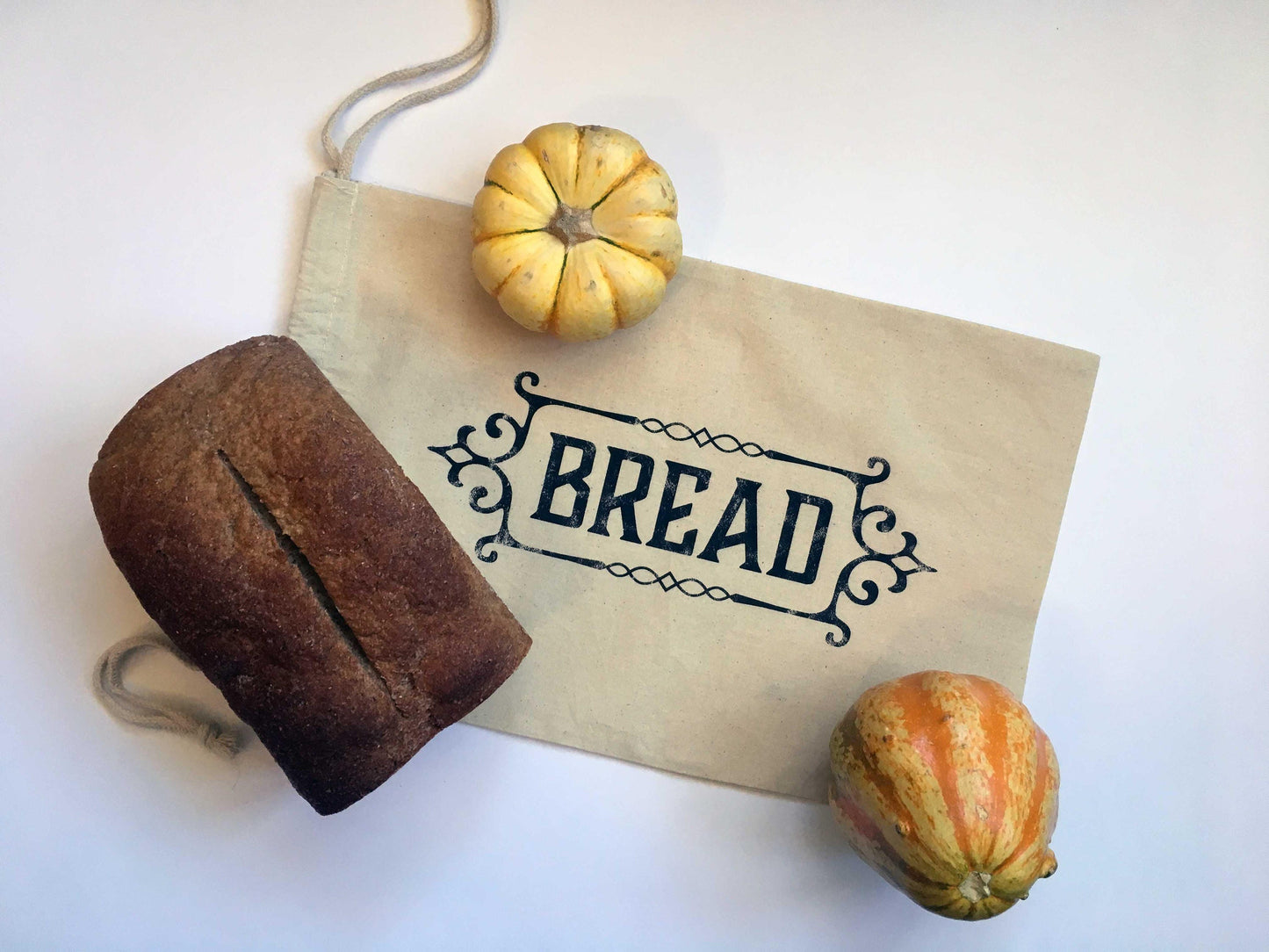 Reusable cotton bread bag, baker bag, bread keeper or hostess gift bag for bakers. Drawstring natural printed gift bag for homemade bread.