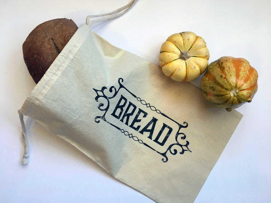 Reusable cotton bread bag, baker bag, bread keeper or hostess gift bag for bakers. Drawstring natural printed gift bag for homemade bread.