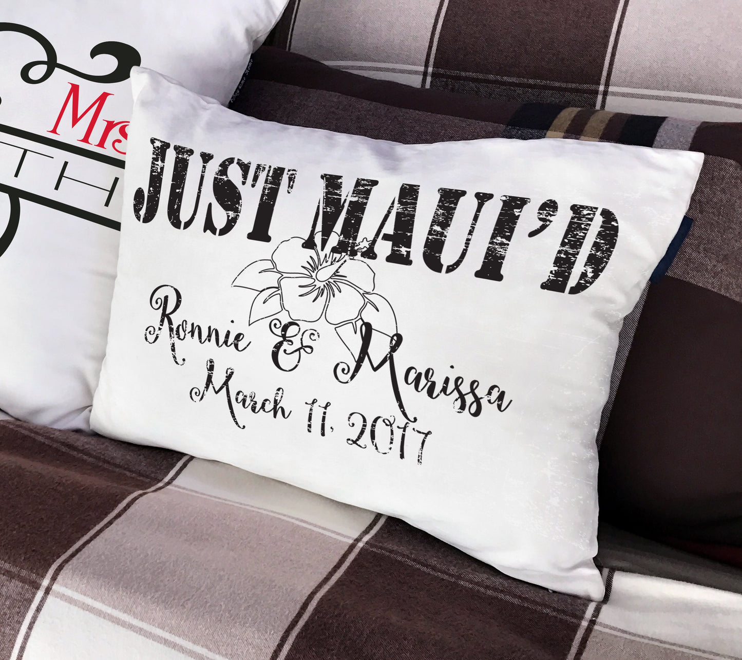 Happily MAUI'D or JUST MAUI'D Personalized pillow Valentine or wedding gift for a Hawaiian wedding couple. Distressed shabby chic