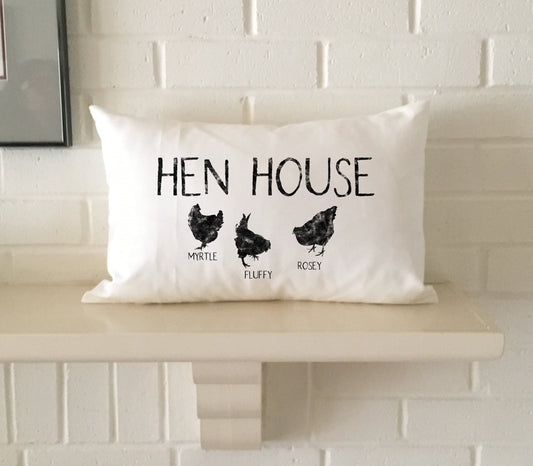 Hen House pillow personalized with chicken names