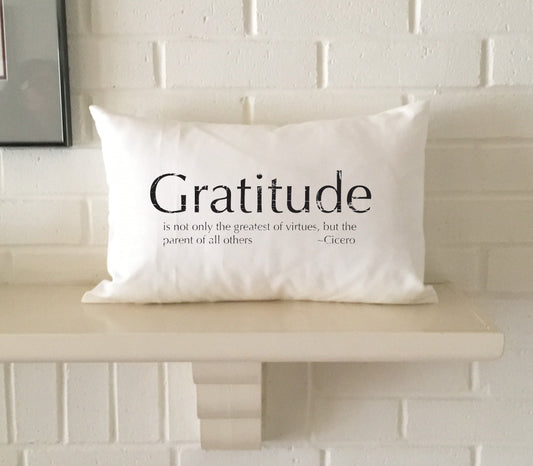 GRATITUDE pillow quote from Cicero to remind you that everything begins with being grateful