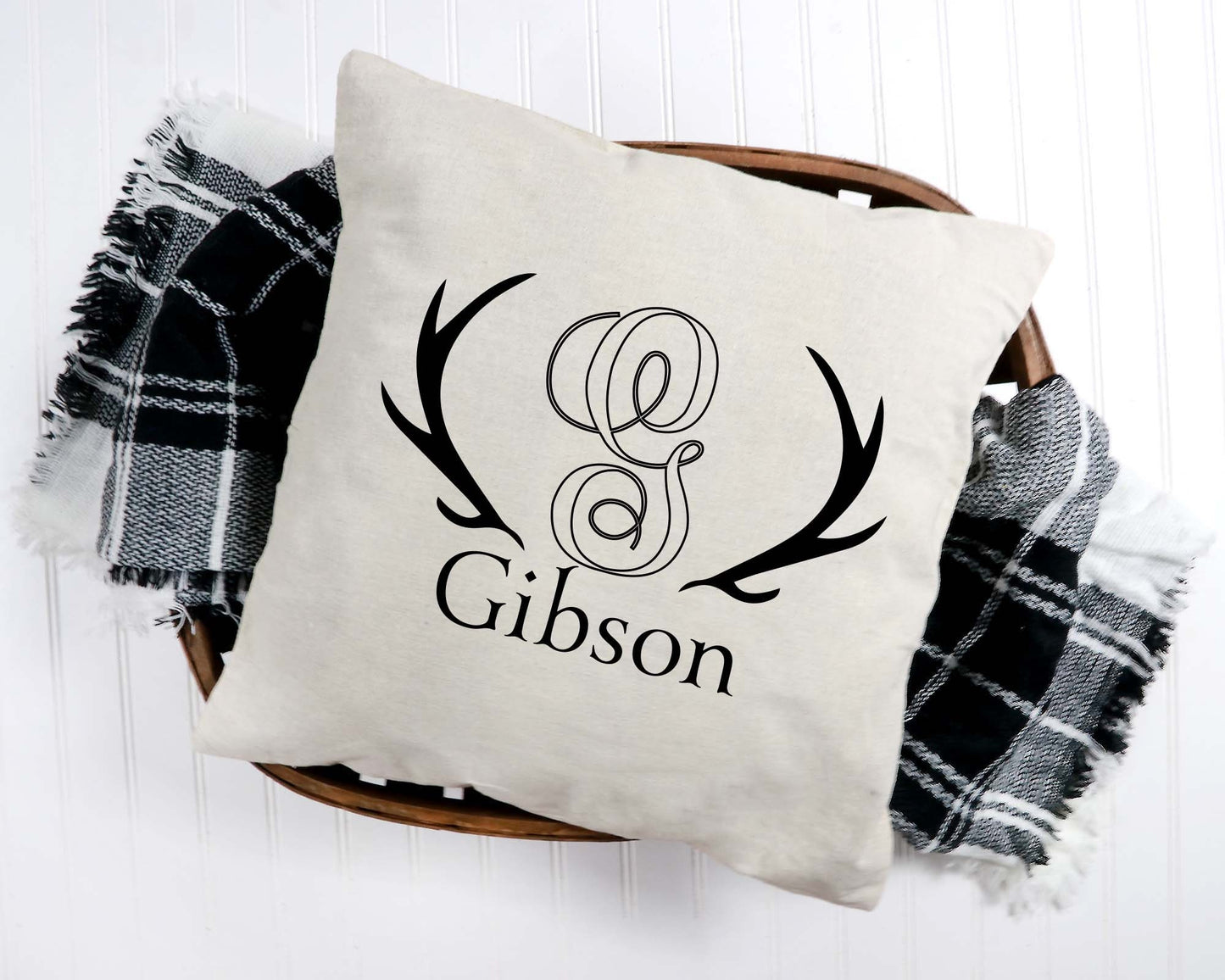 Rustic Personalized Antlers Monogram Name Pillow