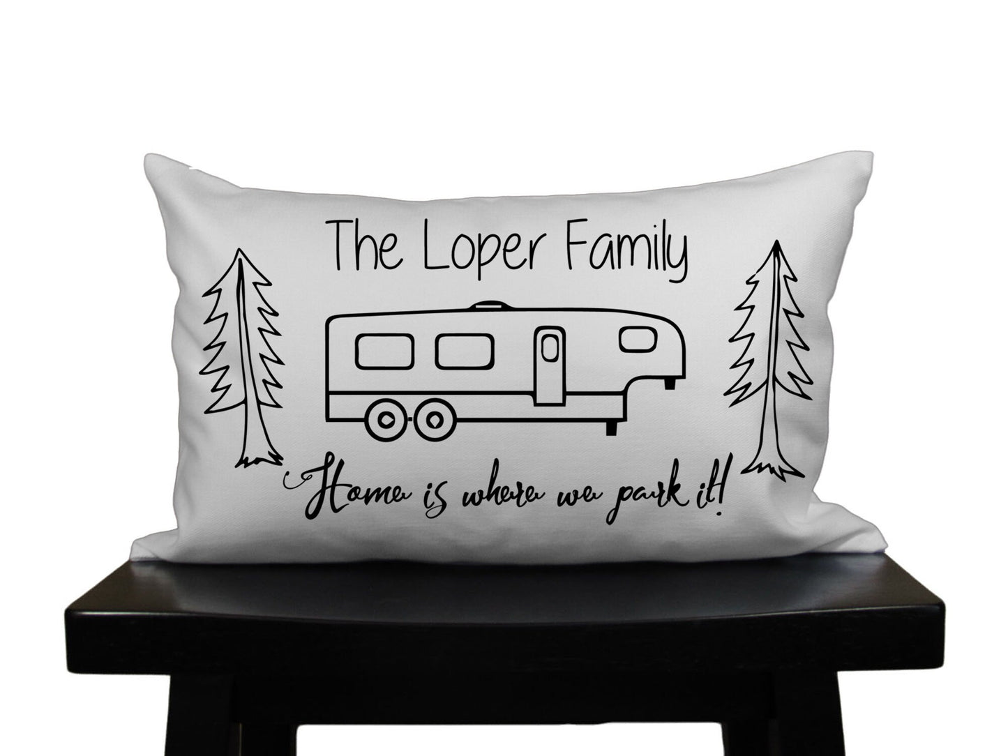 Personalized family RV pillow Home is where we park it camping pillow travel trailer decor. gift for happy camper motor home traveler