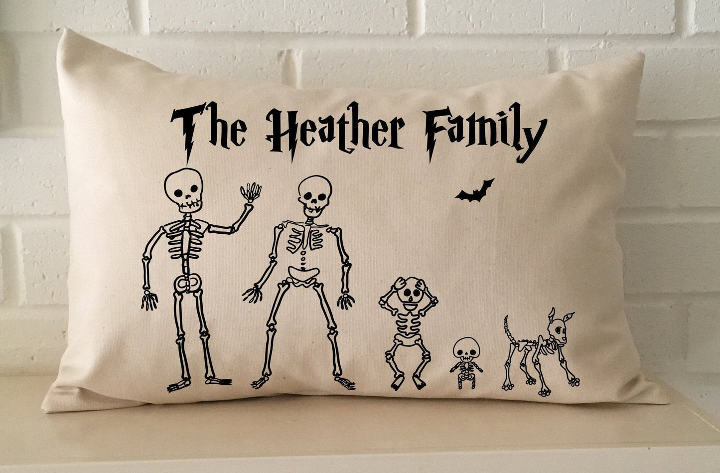 Personalized family Day of the Dead Spooky Skeleton pillow, gift for halloween, fun decor, family name lumbar throw accent pillow