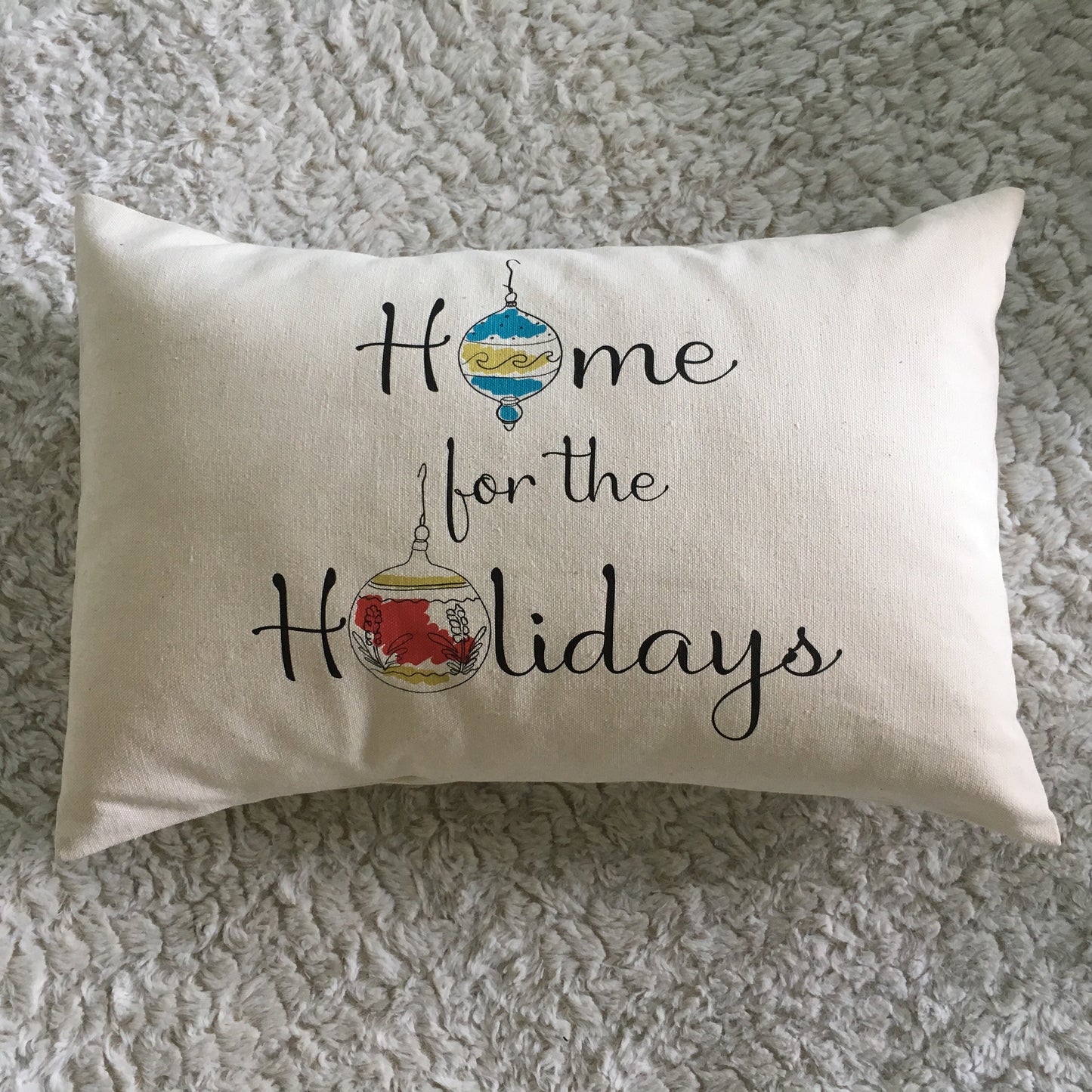 Home for the Holidays mid century decor pillow, gift with hand drawn ornaments, line art, celebrate the holidays and deck your halls!