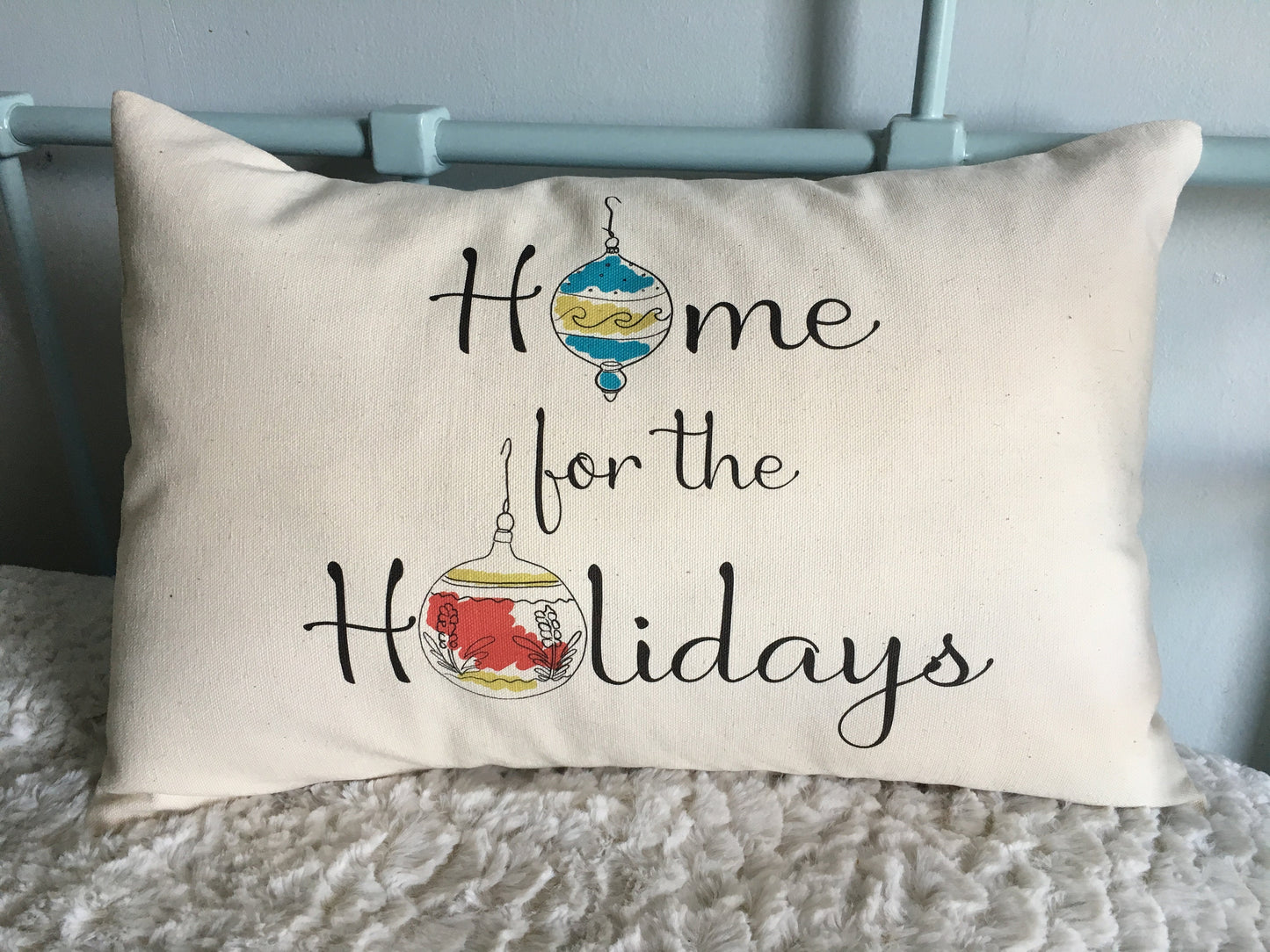 Home for the Holidays mid century decor pillow, gift with hand drawn ornaments, line art, celebrate the holidays and deck your halls!