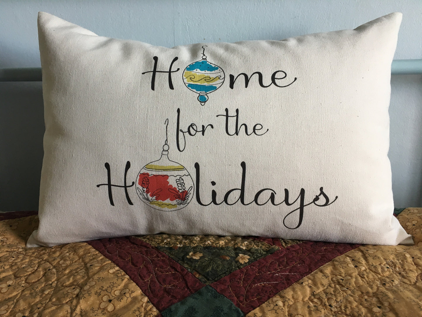 Home for the Holidays mid century decor pillow, gift with hand drawn ornaments, line art, celebrate the holidays and deck your halls!