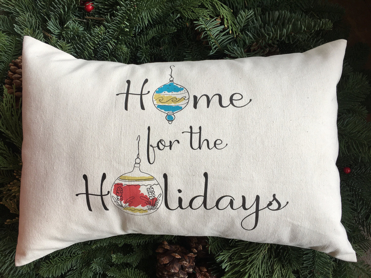 Home for the Holidays mid century decor pillow, gift with hand drawn ornaments, line art, celebrate the holidays and deck your halls!