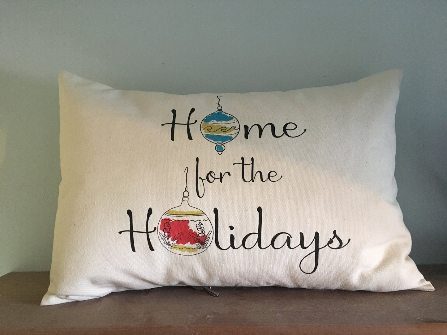 Home for the Holidays mid century decor pillow, gift with hand drawn ornaments, line art, celebrate the holidays and deck your halls!