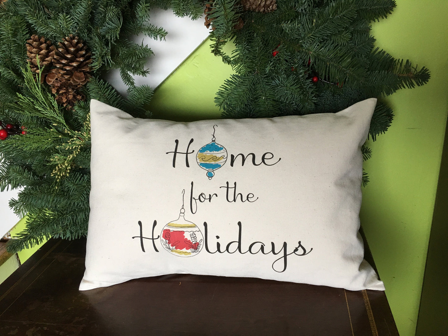 Home for the Holidays home decor pillow, with hand drawn ornaments, line art, celebrate the holidays and deck your halls with this