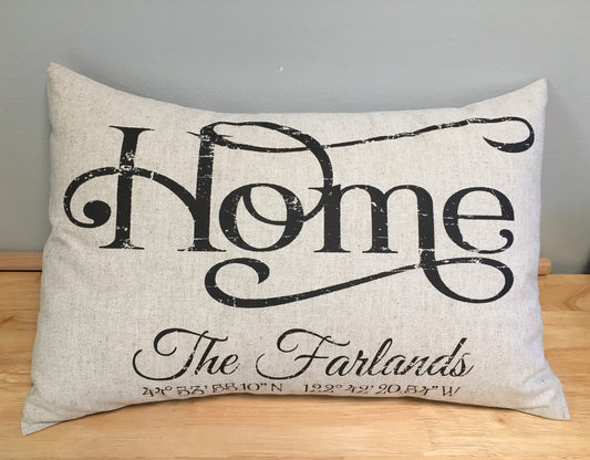 Latitude Longitude Family Name Home pillow, housewarming, hostess gift distressed shabby chic, coordinates pillow, typography pillow