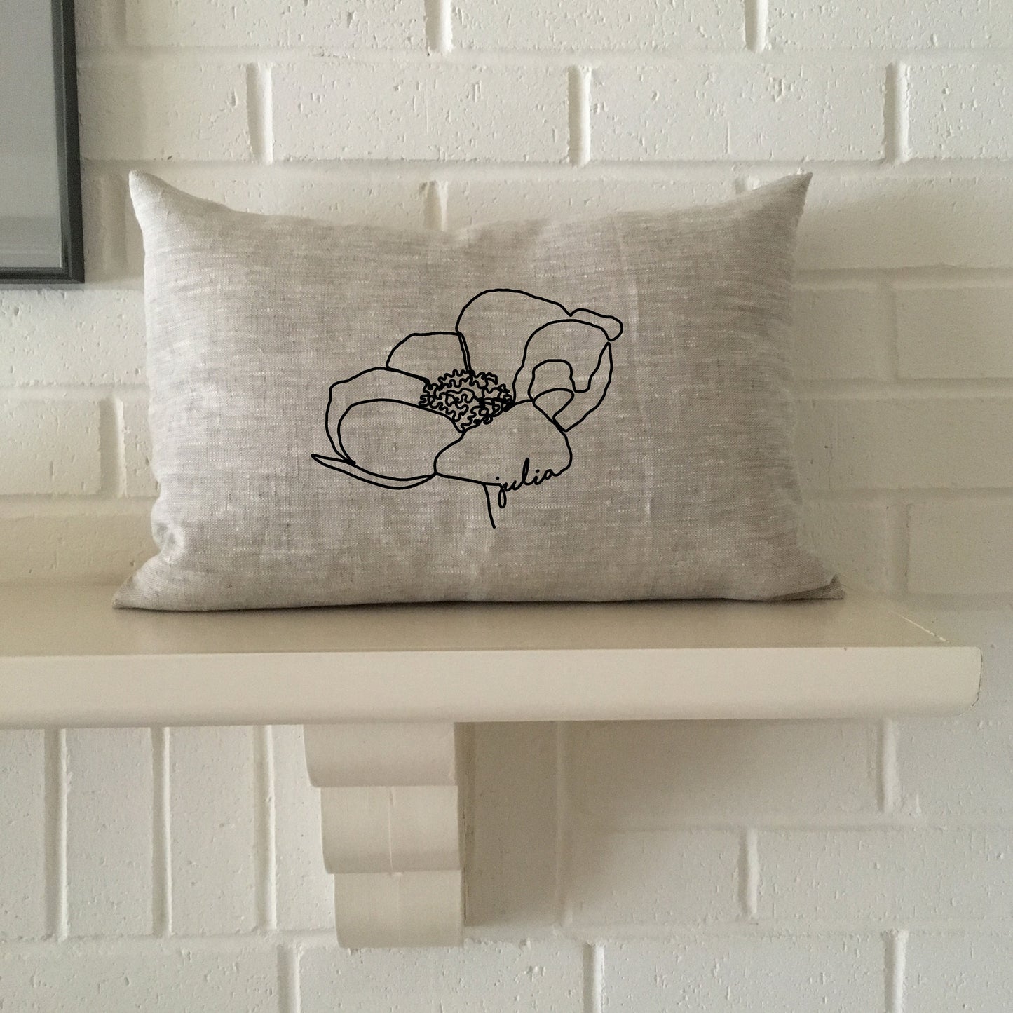 Personalized single line drawing poppy flower name pillow, August birth flower custom name lumbar pillow, great gift or accent for your home