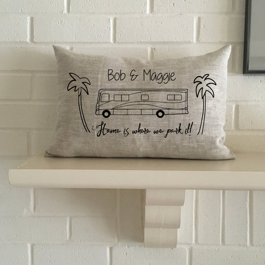 Personalized family RV palm tree pillow Home is where we park it camping pillow travel trailer decor. gift for happy camper motorhome travel