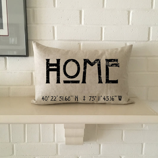 Latitude Longitude Arts and Crafts style pillow, house warming lumbar pillow, personalized for your cozy home.  A unique accent coordinates.