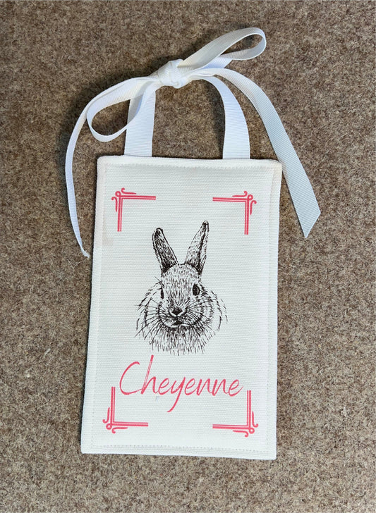 Personalized name tag for Easter Bunny Basket or present. White Cotton with Black, Pink or Blue non toxic ink, Choose your colors and name