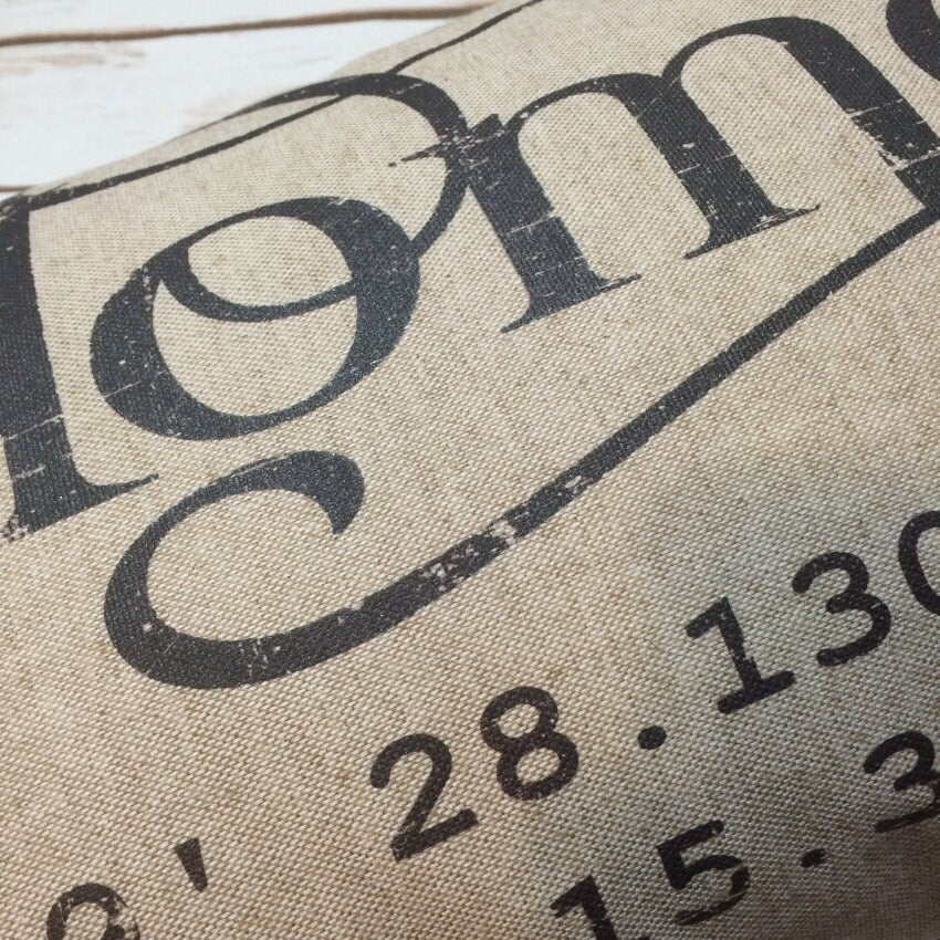 Latitude Longitude Home pillow, housewarming, anniversary, hostess gift distressed shabby chic, coordinates pillow, typography pillow
