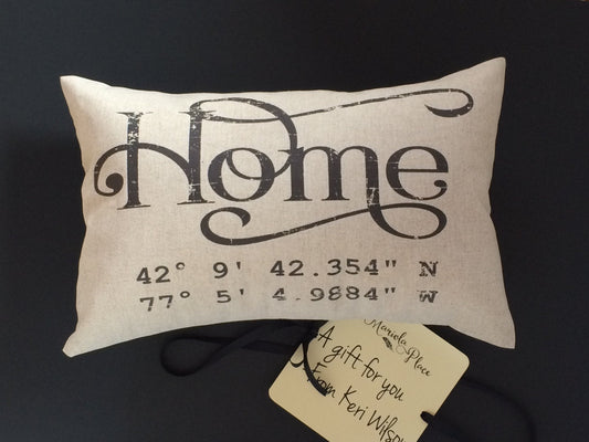 Real estate closing gift, settlement gift, Latitude Longitude Home pillow, GPS coordinates, housewarming, distressed shabby chic